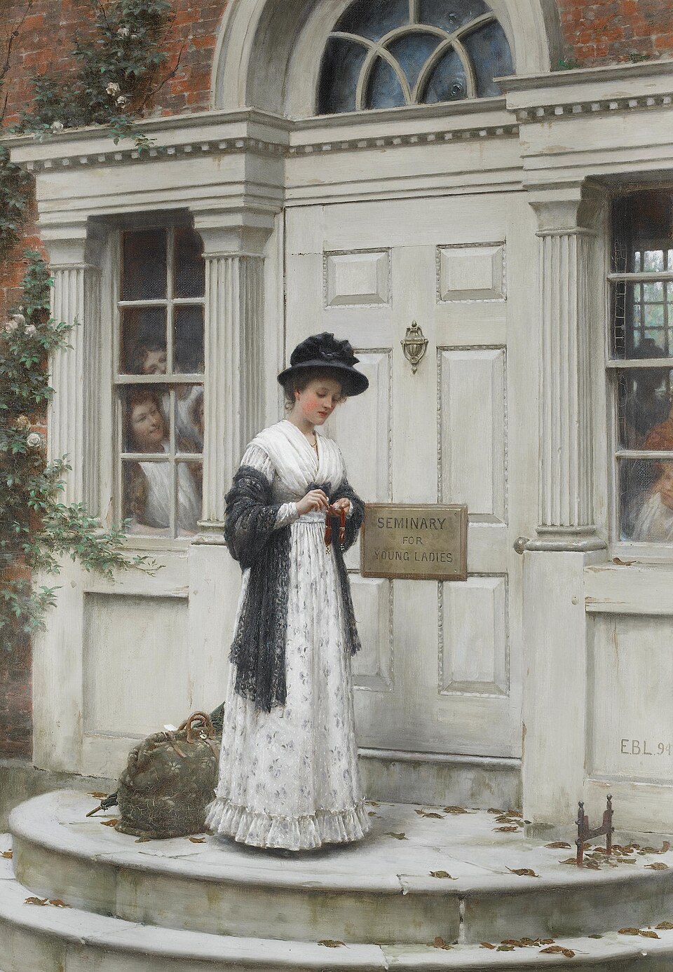 Edmund Blair Leighton, 'The New Governess' (1894), a young woman in white on the step of a school for young ladies