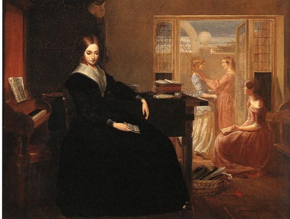 Richard Redgrave, 'The Governess' (1844): a governess in black seated at a pianoforte, a letter in her lap, while her pupils play by the window behind her