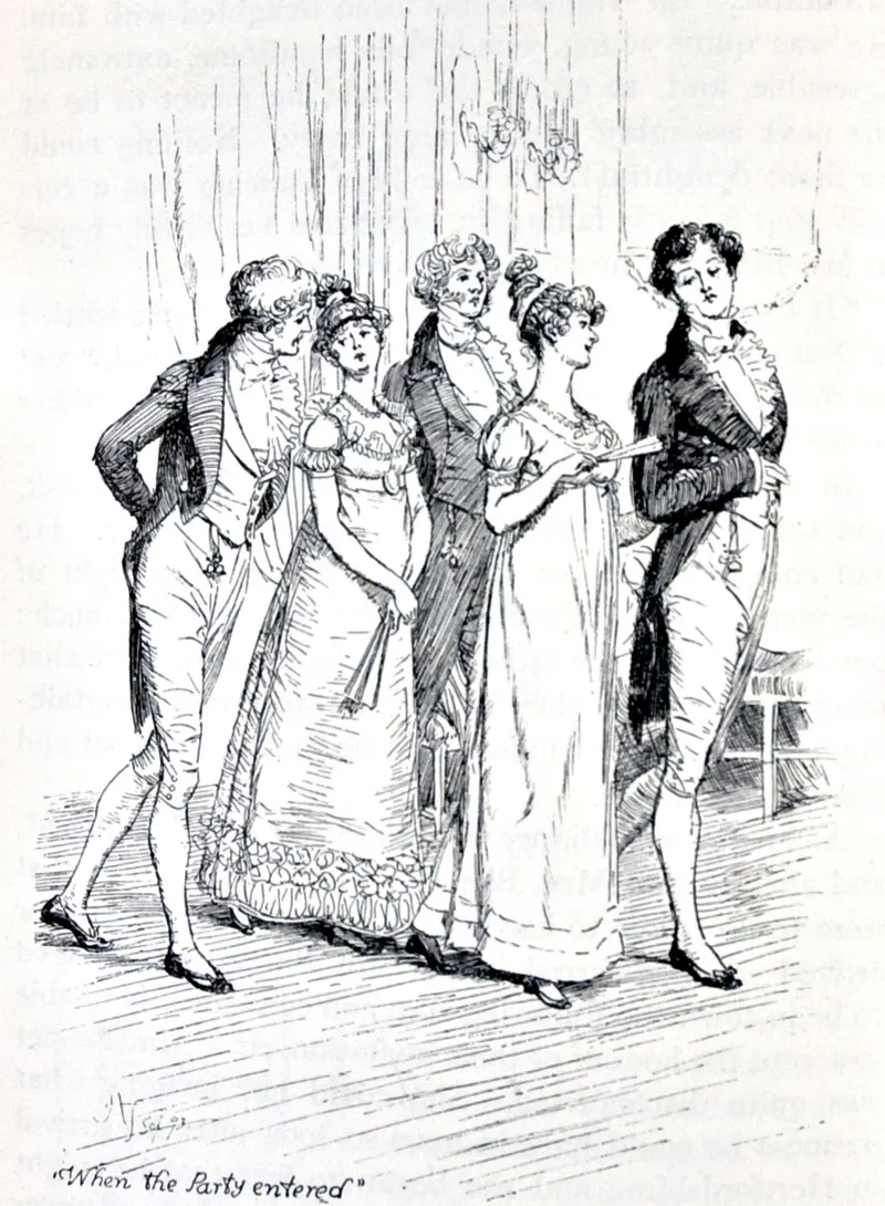 Vintage illustration of Darcy, Bingley, and the Hursts in a drawing room