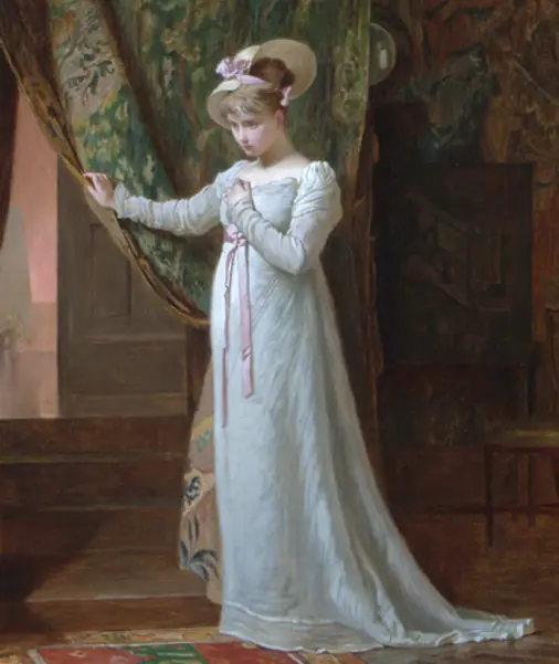 A Lady in an Interior by Marcus Stone, a young Regency woman standing at a window