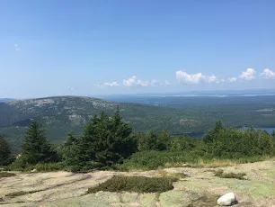 The view from the bare granite summit of Cadillac Mountain over forest and islands to the sea