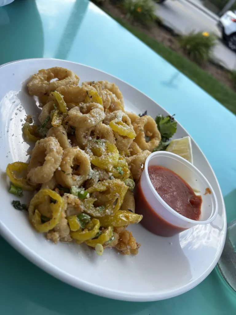 A plate of fried calamari with hot peppers, Rhode Island's official state appetizer, in Newport