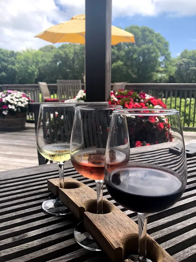 A wooden flight paddle holding three glasses of white, rose, and red wine on a sunny deck at the Cape May Winery