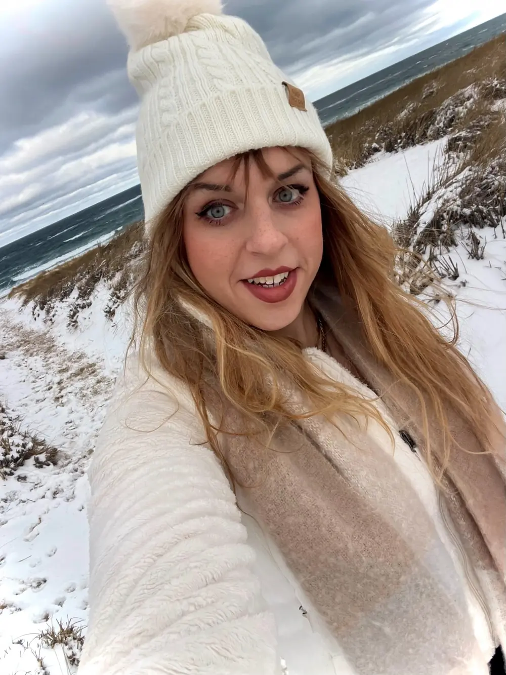 Emma Shorebreak walking the snow-covered Race Point Beach in Provincetown Cape Cod Massachusetts