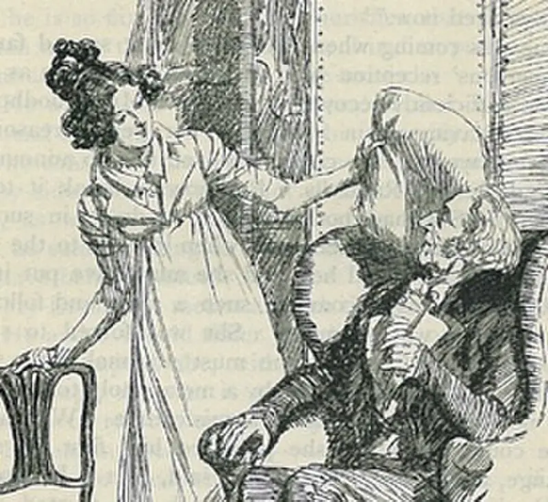 Emma Woodhouse sitting with her father Mr. Woodhouse at Hartfield