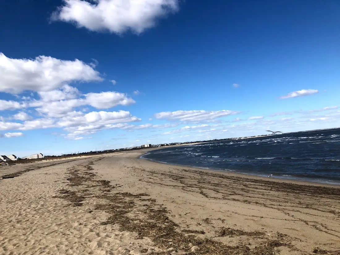 A wide empty beach curving toward a stone jetty under a big blue and white sky at Cape Henlopen near Lewes