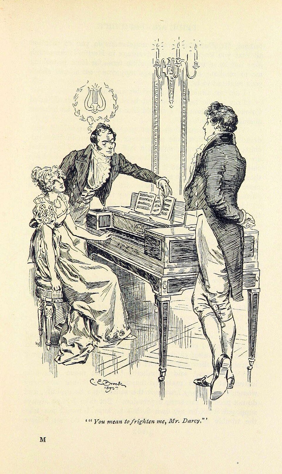 Elizabeth Bennet at the pianoforte with Mr. Darcy and Colonel Fitzwilliam looking on, illustration from Pride and Prejudice