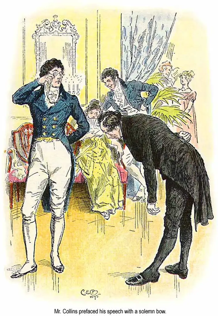 Mr. Collins making a low, obsequious bow
