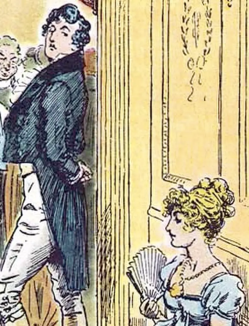 Mr. Darcy watching from the edge of a Regency ballroom