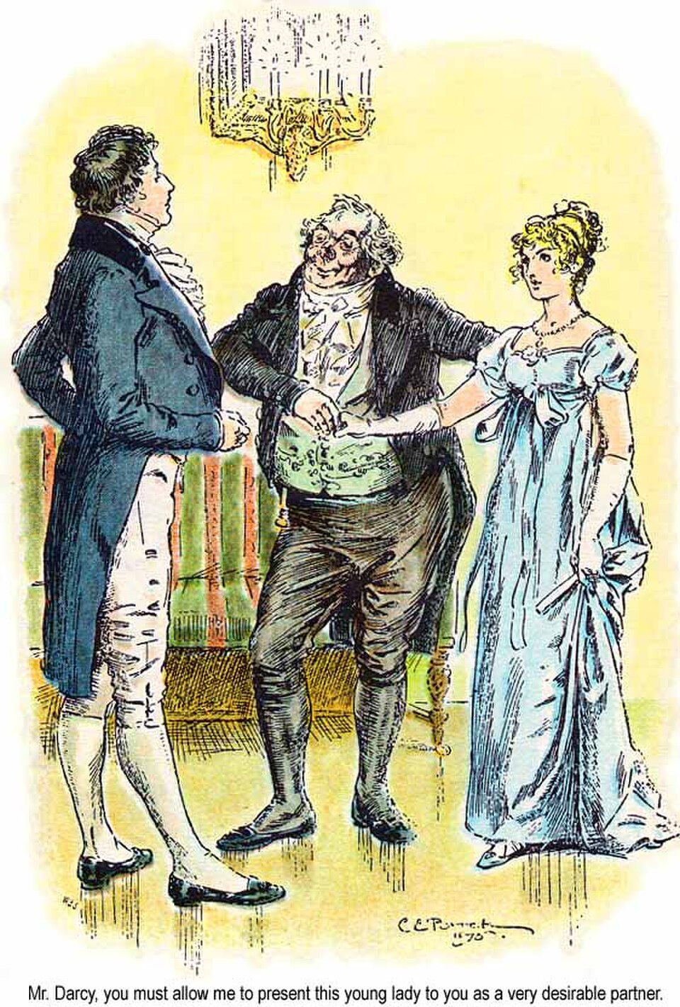 Sir William Lucas introduces Mr. Darcy to a young lady as 'a very desirable partner' at the ball, illustration from Jane Austen's Pride and Prejudice