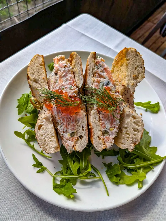 A lox bagel topped with caviar and dill at Odette's restaurant in New Hope Pennsylvania