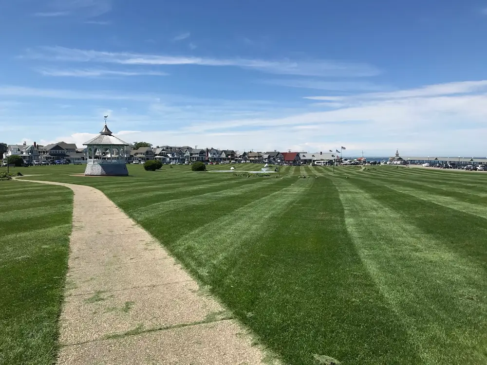 The green sweep of Ocean Park with its Victorian bandstand and a ring of Vineyard houses along the water