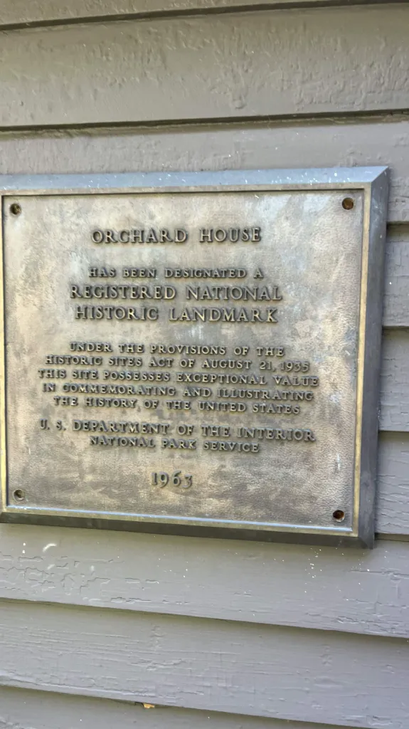 The historic plaque at Orchard House, home of Louisa May Alcott, in Concord, Massachusetts