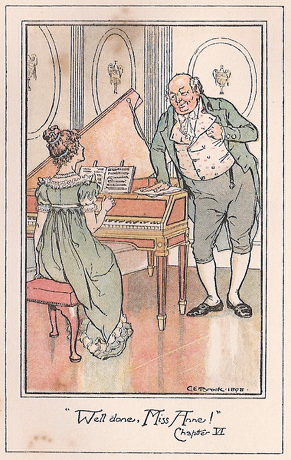 'Well done, Miss Anne!' C.E. Brock's 1898 illustration of Anne Elliot at the pianoforte, Persuasion, Chapter 6