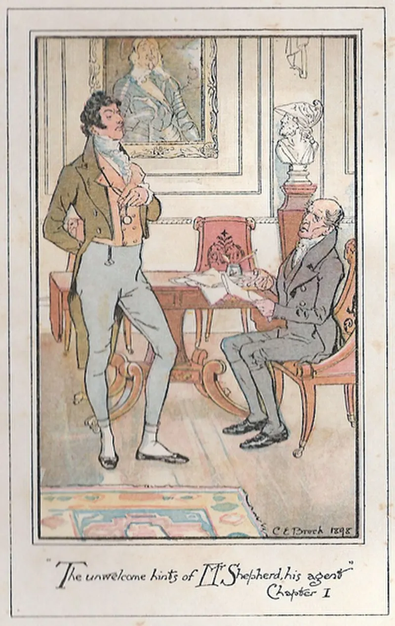 A vintage illustration from Persuasion showing Mr. Shepherd and Sir Walter Elliot