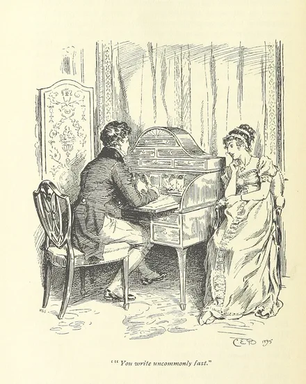 'You write uncommonly fast.' C.E. Brock's 1895 illustration of Caroline Bingley and Mr. Darcy, Pride and Prejudice, Chapter 10