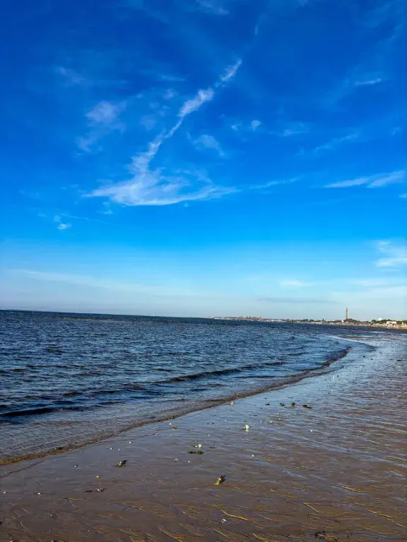 Early morning on a Provincetown beach with the Pilgrim Monument visible along the curve of the Cape Cod tip