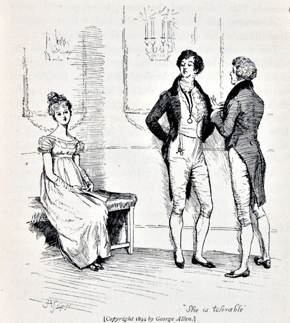 “She is tolerable, I suppose, but not handsome enough to tempt me.” Illustration from Pride and Prejudice