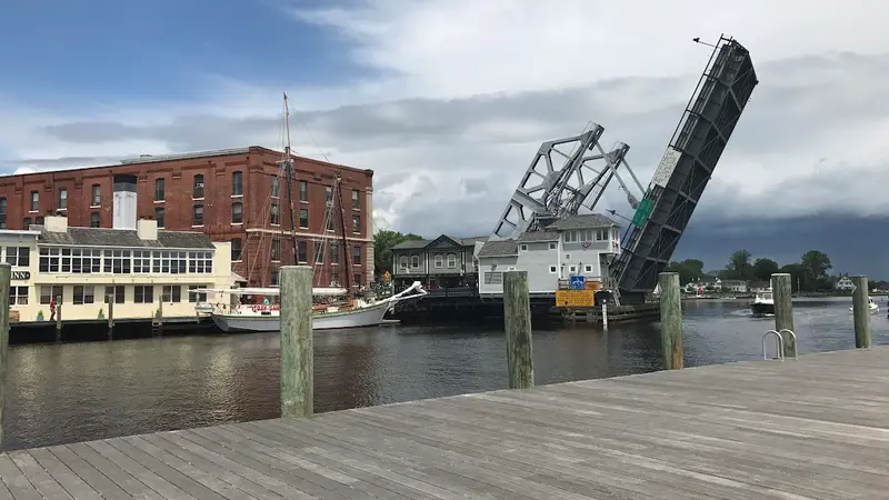 The Mystic River Bascule Bridge raised open over the Mystic River, Connecticut
