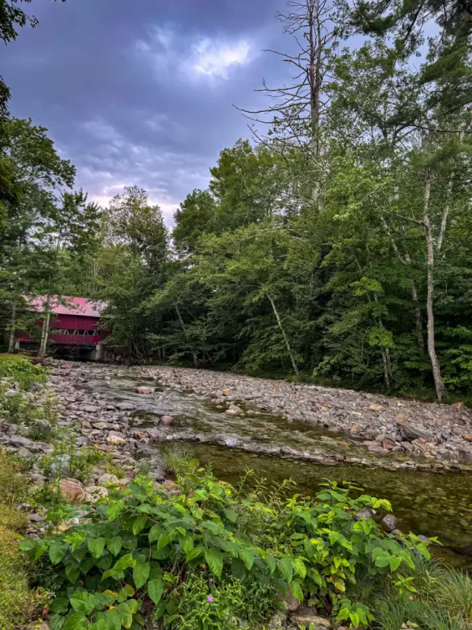 A red covered bridge half hidden in summer trees over a shallow rocky brook under a moody purple dusk sky, wildflowers in the foreground
