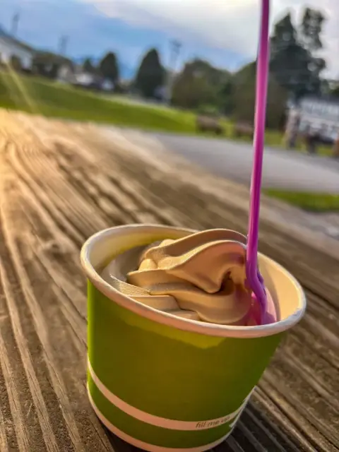 A green paper cup of swirled maple soft serve with a pink spoon on a weathered picnic table in golden evening light, a road and shop behind