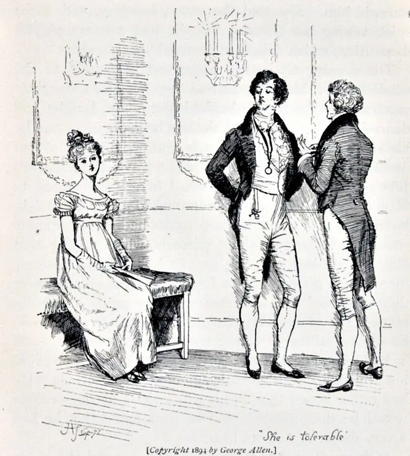 Mr. Darcy at the Meryton assembly, calling Elizabeth Bennet tolerable but not handsome enough to tempt him